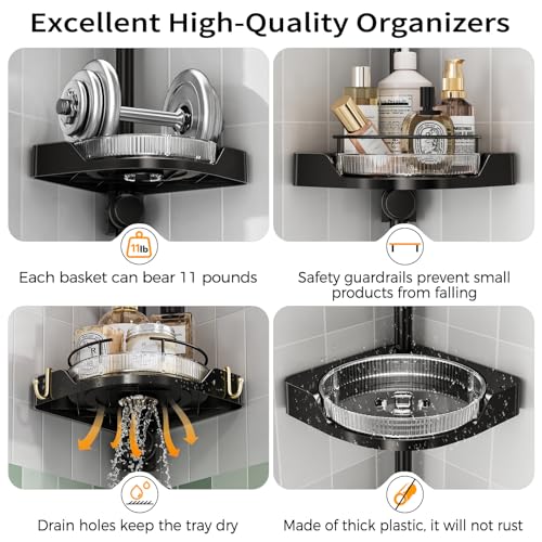 shuang qing 360° Rotating Corner Shower Caddy Tension Pole Organizer - 4-Tier Adjustable Rustproof Metal Pole, Plastic Shelves with Safety Guardrail, Bathroom Storage for Shower & Bathtub(Black) - color: Black, size: Rotation