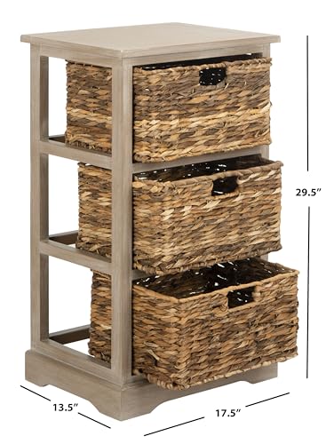 SAFAVIEH Home Collection – Halle White Washed Storage Side Table with Wicker Baskets, Farmhouse Accent Storage, Fully Assembled (AMH5738E) - color: White Washed