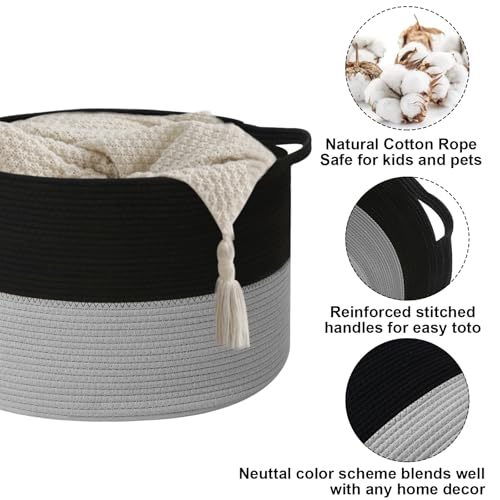65L Large Blanket Basket, 19.7" L x 19.7" W x 13" H Rope Woven Storage Basket,Laundry Hamper for Toys, Clothes, Pillows,Towels, Perfect for Living Room, Nursery & Bedroom,Black&Light Grey - color: Black&Light Grey, size: 19.7"L x 19.7"W x 13"H(65L)