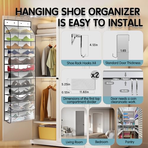 Kotkn Over The Door Shoe Organizer with 12 Large Breathable Pockets - Durable Hanging Storage for the Entire Family's Shoes (White) - color: White