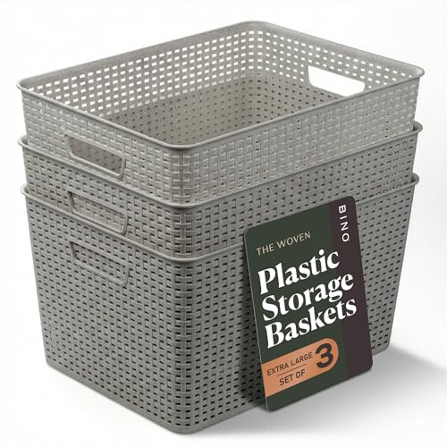BINO | Plastic Storage Baskets, 33 Liter - 3 Pack, Natural Grey | THE WOVEN COLLECTION | Storage Basket for Shelves | Woven Storage Baskets for Organizing Bins | Pantry Shelf Organizer | Container Bin - color: Natural Grey, size: 33L | 3-Pack