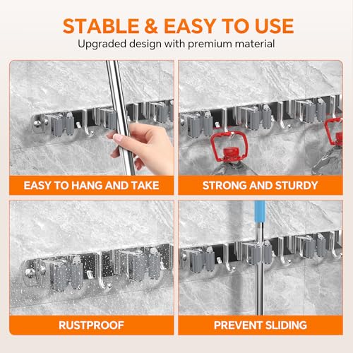 5 Grippers Broom Holder Wall Mount with 4 Hooks Stainless Steel Mop and Broom Organizer Self Adhesive or Screw Fixing for Garden Tool Rack Closet Laundry Room Kitchen Garage Storage Utility Hook - color: A-Silver, size: 5PCS Gripper