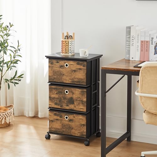 MAX Houser Dresser Storage with 3 Drawers, Fabric Tower Nightstand, Chest of Drawers,Vertical Storage Unit Organizer for Closets,Bedroom,Dorm, Wood Top, Rustic Brown Wood Grain Print - color: Brown