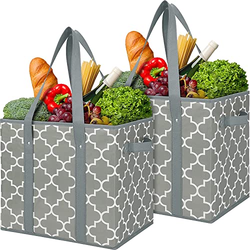 WISELIFE Reusable Grocery Bags 2-Pack Foldable Washable Storage Bins Basket Water Resistant Shopping Utility Tote Bag Grey - color: Grey, size: 2 Pack