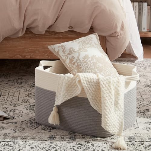 OIAHOMY Large Blanket Basket, 65L Cotton Rope Woven Laundry Basket, Toy Bin for Baby Room, Container for Blanket Storage in Living Room, 20''×16''×12'', Grey & White - color: Grey & White, size: 65L