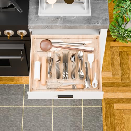 Yieach Clear Large Expandable Silverware Organizer and Kitchen Utensil Drawer Organizer,Plastic Adjustable Silverware Tray for Drawer Cutlery,Spatula,Tools,Flatware Organizers,Fork and Spoon Holder - size: 12.6Wx14.5Lx2H Inch