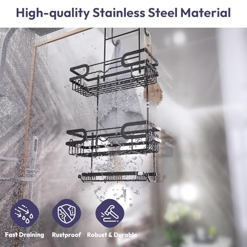 SWTYMIKI Over the Door Shower Caddy Hanging with Double Soap Holder, Hanging Shower Organizer with 16 Hooks, No Drilling Shower Shelves Over Door, Bathroom Rack and Storage, Black - color: Black