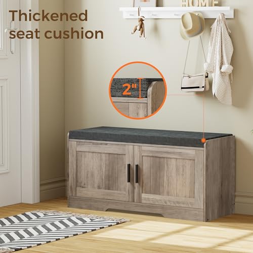 Homleke 2-Tier Storage Bench, Shoe Bench with Thickened Padded Seat Cushion, Entryway Bench with 2 Doors, Adjustable Shelf, 13.8" D x 37.4" W x 18.5" H, for Entryway, Living Room, Bedroom, Greige - color: Greige, size: 37.4"