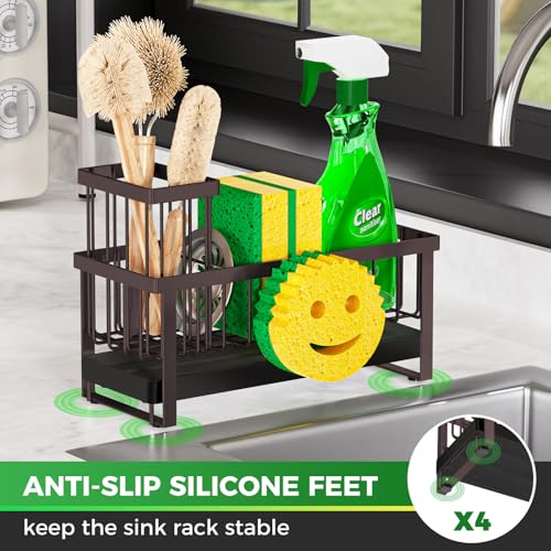 Sponge Holder for Kitchen Sink,Sink Caddy with Removable Dish Brush Holder,Self-Draining Kitchen Countertop Organizers and Storage Essentials,Soap Dispenser Organize and Home Decor-Bronze - color: Bronze-Tray