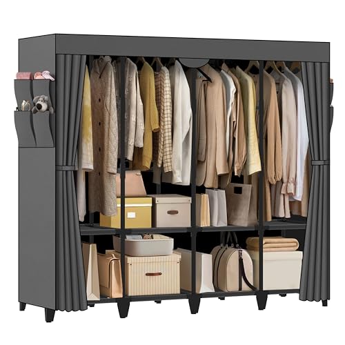 Wardrobe Closet, Quick and Easy Assembly, Gray Large Capacity Portable Closet with 4 Hanging Rods 8 Storage Shelves and 8 Side Pockets, Clothes Rack with Cover, for Bedroom and Living Room - color: Grey, size: 66 Inch