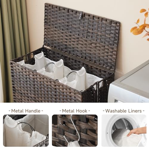 Laundry Hamper with Wheels, 52.8 Gallon(200L) Rolling Laundry Basket with Lid, 3-Section Rattan Clothes Hamper with 3 Removable Liner & 3 Mesh Bags, Laundry Sorter with Side Pocket, Brown - color: Brown, size: 200L（31.5 x 15.75 x 25.6 Inches）