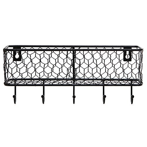 MyGift Wall Mounted Metal Entryway Mail Holder and Key Organizer Rack with 5 Hooks, Decorative Storage Basket and Hanger Hooks for Keys, Lanyard, Keychain, Light Coat