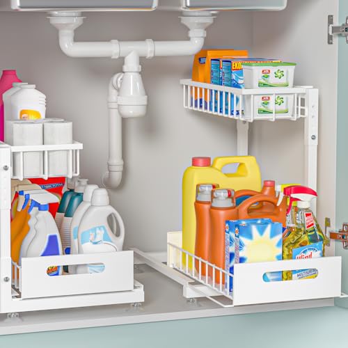 L-Shaped Under Sink Organizer, 2 Pack 2-Tier Pull Out Metal Kitchen Cabinet Organizer with Sliding Storage Drawer, Height Adjustable Heavy Duty Under Bathroom Sink Storage for Cleaning Supplies - color: White V2.0, size: 2 Pack
