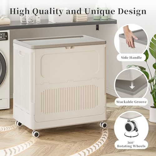 HAIXIN HOME Rolling Laundry Hamper with Lid, 130L Large Clothes Hampers for Laundry, Plastic Collapsible Laundry Baskets with Wheels and Lid, Install-Free & Easy to Transport to Laundry Room (2 Pack) - color: Milky, size: 130L - 2 Pack