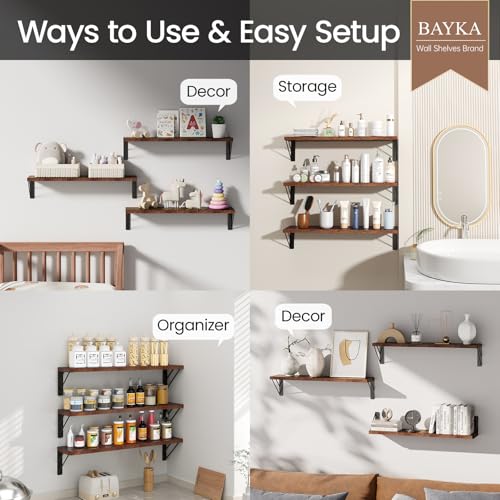 BAYKA 23-in Floating Wall Shelves, Rustic Wood Wall Shelves for Bedroom, Bathroom, Kitchen & Living Room, Display Shelf for Books, Plants & Decor (Rustic Brown) - color: C. Rustic Brown Board & Black Brackets, size: 23-inch Standard
