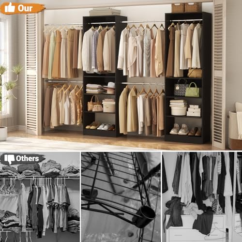 Homieasy Closet System, 4.5-11.5 Ft Expandable Closet Organizer with 5 Hanging Rods, Walk-in Wood Closet Organizer System with Storage Tower, Heavy Duty Garment Rack Wardrobe for Bedroom, Black - color: Black