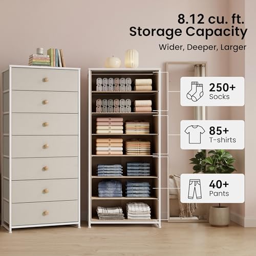 Crestlive Products Tall Dresser, 7-Drawer Wide Fabirc Storage Tower, Chests of Drawers - Vertical Organizer Unit for Bedroom, Hallway, Entryway, Nursery, Wood Top, Closets with Handles (Beige) - color: Beige, style: Wide-7 Drawers