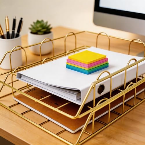 JIARI 2 Pack Desk Organizer Stackable Letter Tray Paper Organizer, Metal Desk Organizer Tray for Letter/A4 Paper Storage, for Office Supplies (Gold 2 Pack) - color: Gold 2 Pack
