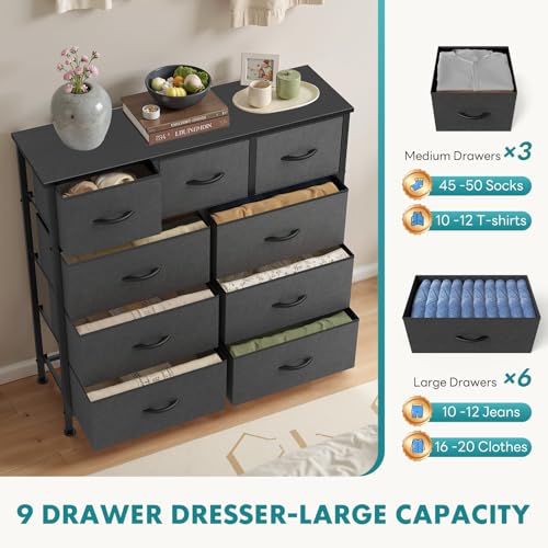 OLIXIS 9 Drawer Storage Dresser with Wood Top - Wide Fabric Chest Organizer for Bedroom, Closet, Living Room,Tower Cabinet, TV Stand, Hallway Entryway Furniture,Heather Gray - color: Grey, size: 11.8"D x 39.6"W x 39.4"H (9 Drawers)