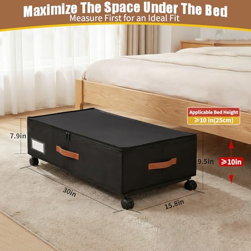 Under Bed Storage Containers with Wheels 2-Pack , 9.5" Tall Underbed Storage Drawers Organizer Bins for Clothes Shoes Toys Wrapping Paper with Extra Interior Pockets, Easy Pull-out, Heavy-duty
