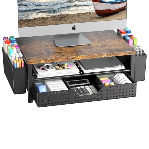 Wood Metal Monitor Stand Riser, Laptop Stand for Desk, Office Desk Organizer and Accessories, Computer Desktop Shelf with Drawer and Pen Holder, Printer Stand for Home, Office, Dorm (Brown) - color: Brown Wood