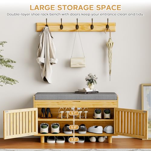 Shoe Storage Bench Coat Rack Set, 35.4" Bamboo Shoes Bench with Lift Top Hidden Storage & Wall Hooks, Hall Tree Entryway Bench with Seat Cushion, 2-Tier Shoe Cabinet for Entryway, Living Room, Bedroom - color: Natural With Hooks