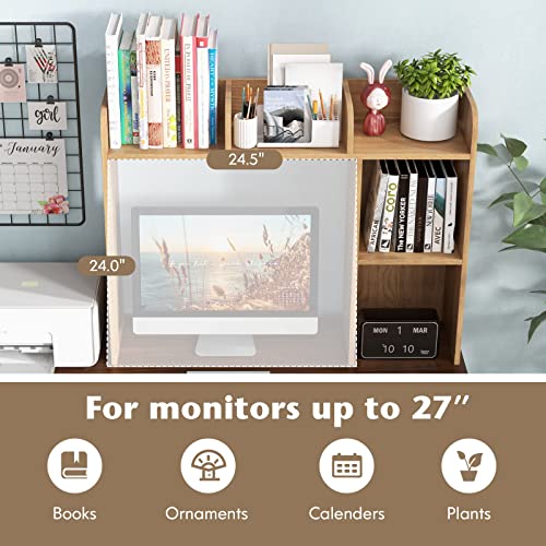 Tangkula Desktop Bookshelf, Countertop Storage Hutch with 5 Shelves for Computer Desk, 3-Tier Display Rack, Multipurpose Wood Storage Organizer for Dorm Office Home - color: Natural, size: 5 Shelves