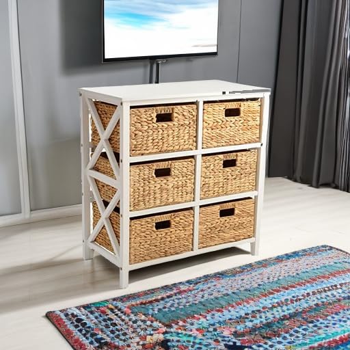 eHemco 3 Tier X-Side End Storage Cabinet, Table with 6 Wicker Baskets for Bedroom, Living Room in White - color: White, size: 15.5"D x 29.3"W x 30"H (6 Drawers)