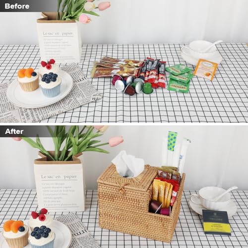 Sumnacon Tissue Box Square Tissue Box Cover with Storage Rattan Tissue Box Holder with 2 Side Organizer,Wicker Tissue Cover Cube Tissue Holder for Bathroom Living Room Table Desk Office - color: Natural