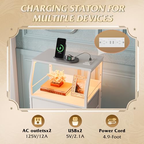 WLIVE Night Stand with Charger Station, White Nightstand with LED Light and 4 Storage Drawers, Tall Dresser for Bedroom, 37.48" H Bedside Table with Fabric Bins, Wood Shelf - color: White, size: 4 Drawers