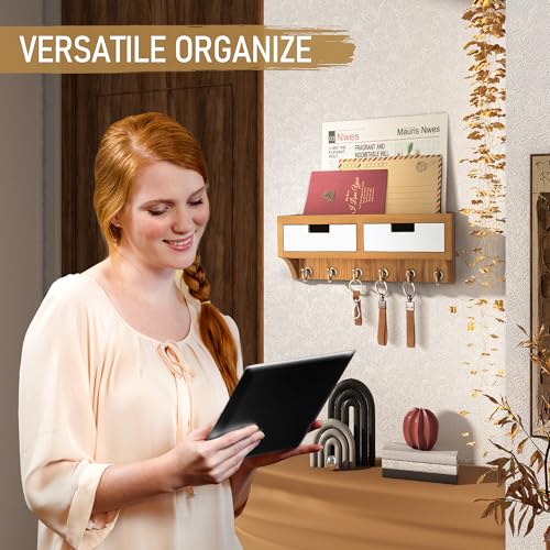 Rebee Vision Modern Farmhouse Key Holder Wall Mount with 2 Drawer Organizer : Mail Organizer with 6 Key Hooks and Wall Shelf - Home Organization for Room Decor (Light Brown & White) - color: Light Brown & White, style: 2-Drawer