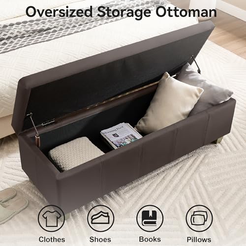 WUTUTUEE 51" Faux Leather Storage Ottoman, Stitch Tufted Rectangle Upholstered End of Bed Storage Bench, Entryway Large Couch Ottoman with Wooden Legs,Brown - color: Brown, size: 51 Inch