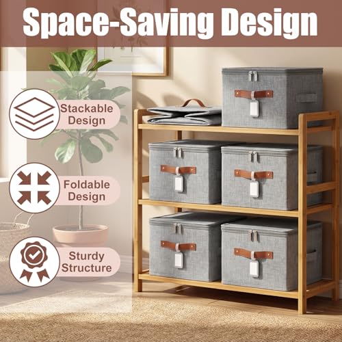 6 Pack 15 Inch Fabric Closet Storage Bins with Lids, 15x10x10In Large Foldable Cotton Linen Storage Cubes Boxes with PU Handle & Label Holder for Bedroom Organization, Shelf, Nursery, Gray - color: Gray, size: 15×10×10in