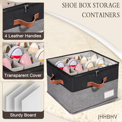 2 Pack Shoe Organizer for Closet, Adjustable Shoe Box Storage Containers, Large Foldable Shoe Bins with Clear Cover, Space Saving Shoes Holder with 4 Handles, Fits 16-32 Pairs, Black - color: Black and Grey, size: (2 Pack) 17"L x 17"W x 12 ½"H