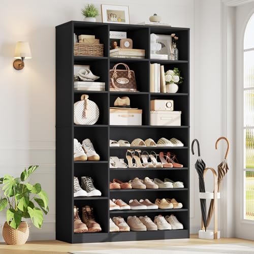 Keyluv 74" Tall Shoe Cabinet for Entryway, Modern 6-Tier Large Shoe Storage Organizer for 27-32 Pairs, Multi-Functional Wood Display Shelf & Bookshelf for Closet, Hallway & Living Room, Black - color: Black
