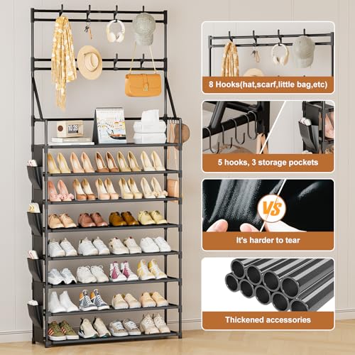 OYREL Shoe Rack 8 Tier Large Shoe Organizer Storage 32-40 Pairs Metal Shoe Storage Rack with Hooks and Side Pocket for Entrance Entryway Closet Shoe Shelf Holder - color: Black, size: 8 Tier