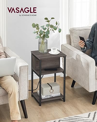 VASAGLE Side Table with Charging Station, 3-Tier End Table with USB Ports and Outlets, Nightstand for Living Room, Bedroom, 11.8 x 13.4 x 22.8 Inches, Plug-in Series, Chestnut Brown and Black - color: Chestnut Brown + Black