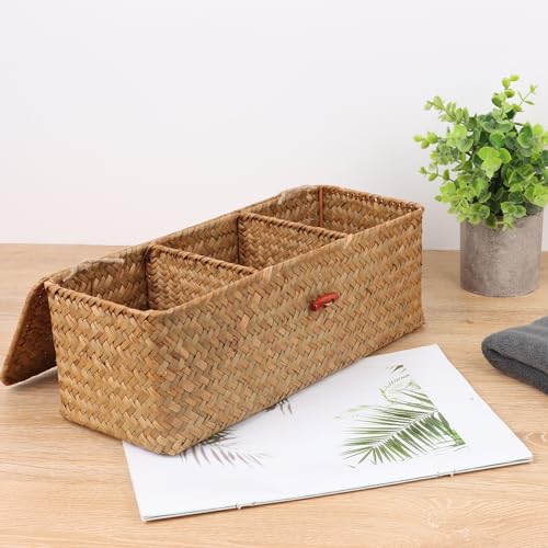 Moosky Wicker Shelf Baskets with Lid,Rectangular Seagrass Woven Storage Baskets with Dividers for Bathroom Organizer Small Bins Home Decor (Natural) - color: Natural
