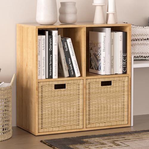 Wooden 4 Cube Storage Organizer with Closed Back Panel,White Cube Shelf Cubby Storage Organizers with Compartments for Living,Bookshelf,Organizers Easy to Install (Oak, 4 Cube) - color: Oak, size: 4 Cube-11in