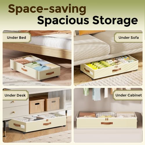 LAMU Under Bed Storage with Wheels, 2 Pack Under Bed Storage Containers with Clear Lids & Label, Rolling Under Bed Drawers for Clothes, Shoes, Blankets, Beige - color: Beige