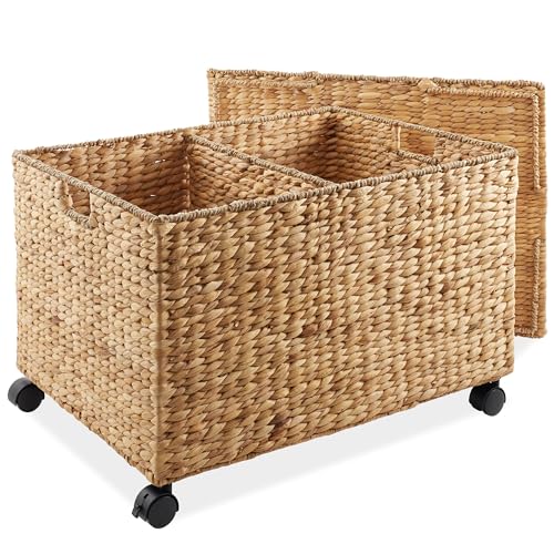 Casafield Rolling Storage Basket Cart with Lid and Locking Wheels, Natural - Handwoven Water Hyacinth Divided Recycling Sorting Bin for Kitchen, Laundry Room, Garage