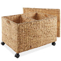 Casafield Rolling Storage Basket Cart with Lid and Locking Wheels, Natural - Handwoven Water Hyacinth Divided Recycling Sorting Bin for Kitchen, Laundry Room, Garage