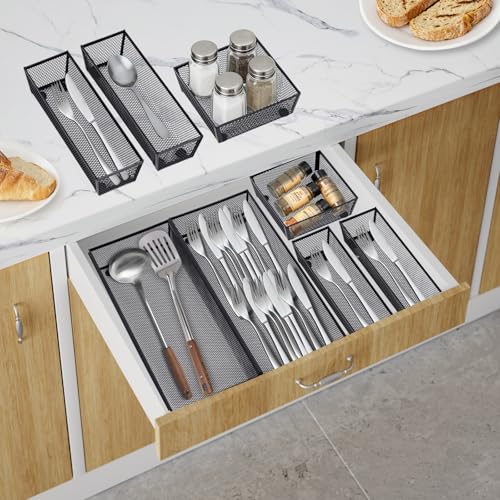 Neudeco Drawer Organizer - 5 Pack Metal Mesh Silverware Tray with Interlocking Design, 5 Compartment Cutlery Organizer for Kitchen Utensils, Black (15x6.2x2 inches) - color: Black-5L pack