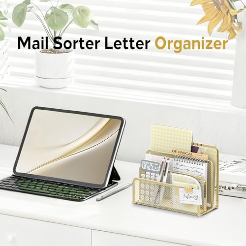 SUPEASY Mail Organizer for Desk, Mesh Metal Mail Holder Countertop with 3-Slot, Letter Sorter File Holder, Office Envelope Organizer for Mails (Gold) - color: Gold