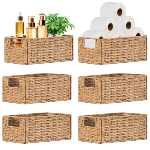 6 Pack Small Wicker Baskets, Wicker Woven Storage Basket Toilet Paper Baskets with Handles, Towel Basket for Home Organizing Shelves (Beige) - color: Beige