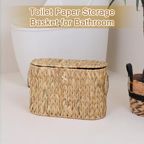 efluky Toilet Paper Storage Basket, Water Hyacinth Slim Toilet Paper Holder with Lid- Holds Up to 9 Mega Rolls, Home Bathroom Decor Organizer