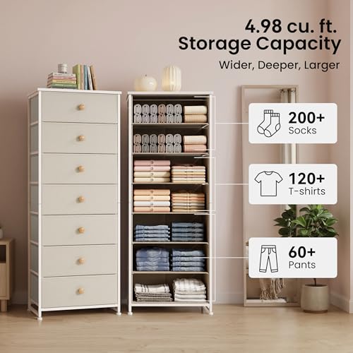 Crestlive Products Tall Dresser, 7-Drawer Fabric Storage Tower, Chests of Drawers - Vertical Organizer Unit for Bedroom, Hallway, Entryway, Nursery, Closets - Steel Frame, Wood Top & Handles (Beige) - color: Beige, style: Narrow-7 Drawers