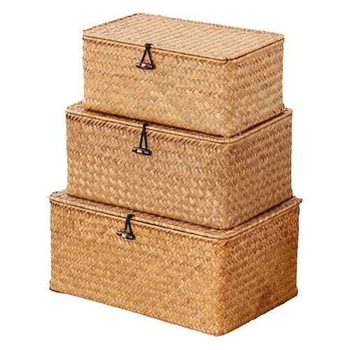 Nonam Storage Basket with Lid, Natural Seagrass Bin with Lid Set of 3, Shelf Baskets Multipurpose Container for Boho Decoration, Rectangular Household Storage Boxes for Home Organization-Natural - color: Natural* Set of 3