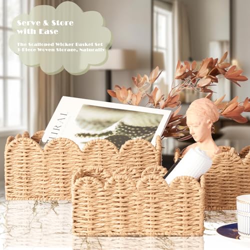Scalloped Wicker Baskets, Set of 3 Hand-Woven Storage Baskets with Handles - Paper Rope Shelf Organizers & Decorative Baskets for Shelves, Closet, Bathroom (Tan） - color: Tan