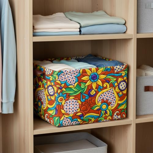 Mexican Talavera Storage Basket Waterproof Canvas Toy Storage Bin Mexican Decor Collapsible Outdoor Basket with Leather Handles Talavera Decor Blanket Baskets For Closets,Bedrooms,Gifts Baskets - color: Mexican Talavera